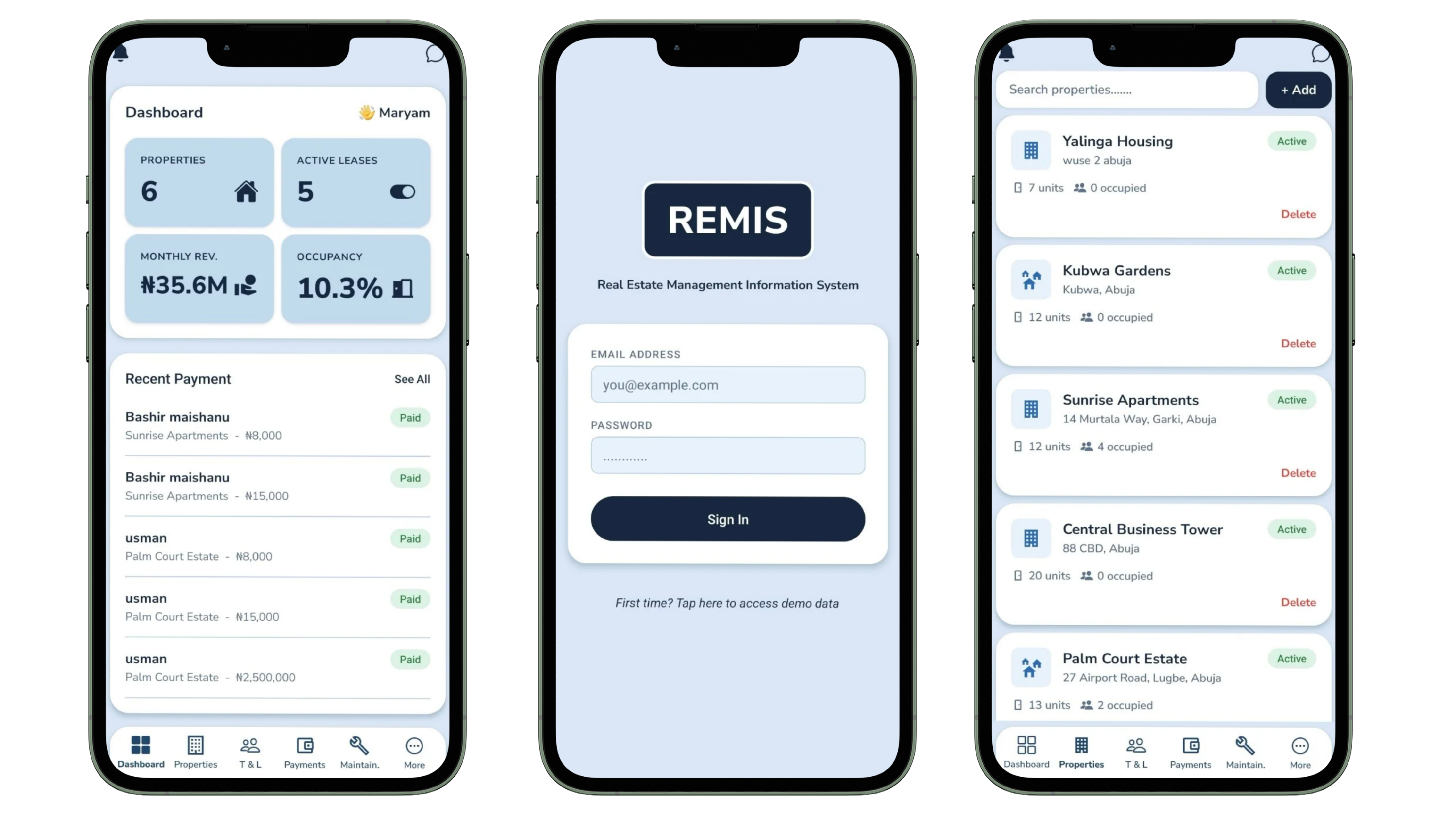 REMIS on a phone: the admin dashboard, the sign-in screen and the properties list